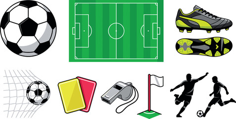 Soccer Football Equipment Illustration Set Featuring Classic Ball Pitch Field Aerial View Cleats Football Shoe Penalty Goal Net Yellow Red Penalty Cards © axios