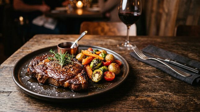 Premium grilled beef steak served with roasted vegetables in an elegant steakhouse restaurant setting