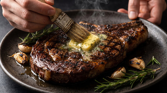 Professional Chef Basting Juicy Grilled Ribeye Steak with Herb Infused Melting Butter Garlic Rosemary Aromatics Gourmet Cuisine Preparation High Quality Culinary Art Concept Restaurant Food