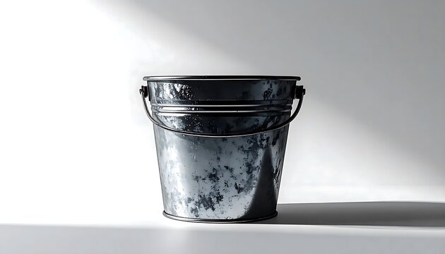 Old metal bucket on white surface with shadow.