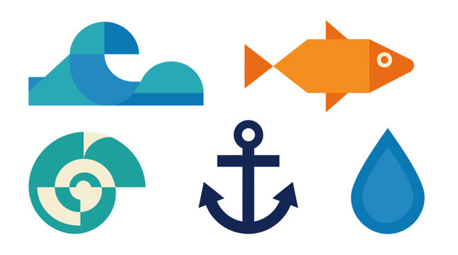Minimalist nautical icons set with geometric wave, fish, anchor, shell and water drop. Modern flat vector sea symbols for maritime branding, travel logos and summer vacation design elements.