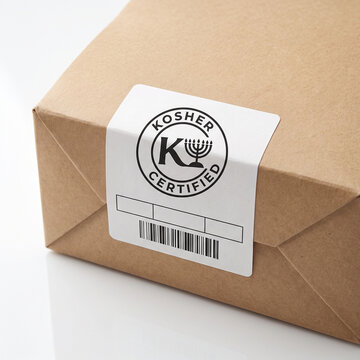 Kosher certified label on brown cardboard packaging for food products  