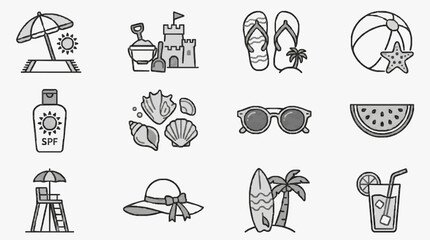Obraz premium Dynamic Set of Monochromatic Line Drawn Beach and Summer Themed Icons with Sun Sandcastle Flip Flops and More