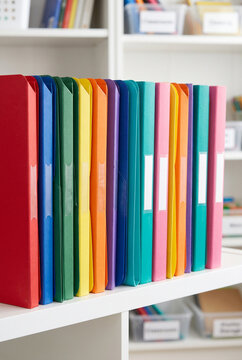 Row of colorful student folders on shelf in organized classroom  
