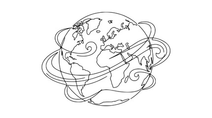 Obraz premium Continuous line drawing of planet earth globe with swirl atmosphere lines
