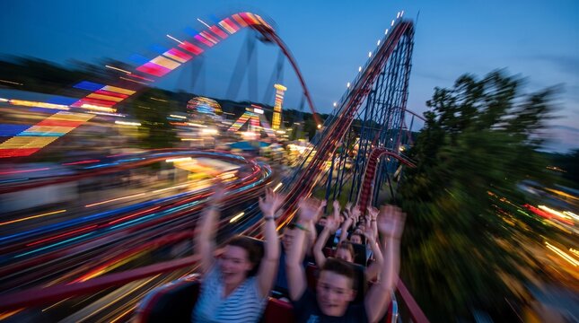Thrilling Roller Coaster Ride with Motion Blur Lights at Night Amusement Park