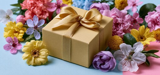 Obraz premium A colorful birthday gift nestled among bright spring flowers on a soft pastel backdrop, evoking happiness and celebration.