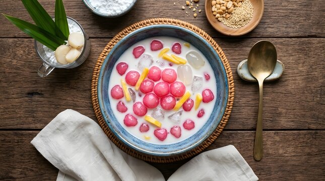 Thai red ruby water chestnut dessert in coconut milk bowl on rustic wooden table background.