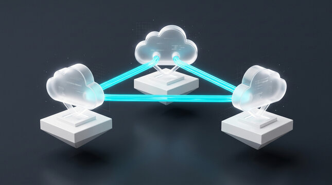 3D Isometric Glass Clouds on Floating Pedestals Connected by Cyan Fiber Optic Beams, Secure Multi Cloud Network Concept
