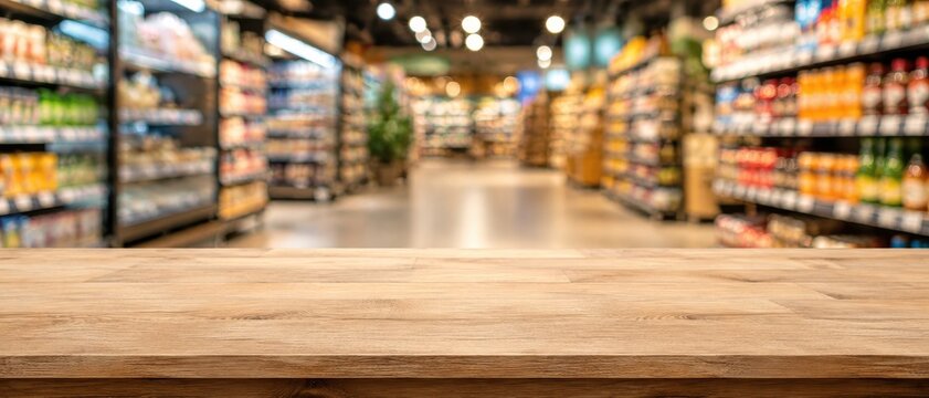 Wooden tabletop in supermarket aisle with blurred shelves
