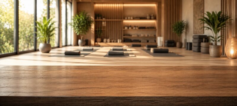 Tranquil yoga studio interior with mats and plants