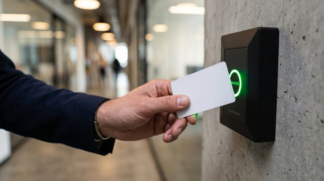Hand in Suit Tapping Blank White RFID Card on Wall Mounted Reader, Access Granted Green Light Security Concept
