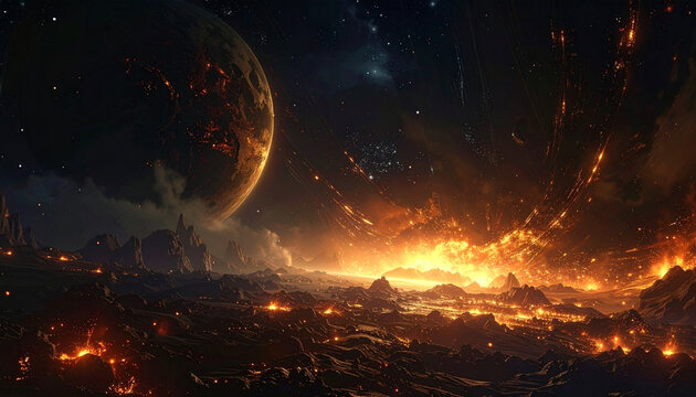 Fiery asteroid impact on a desolate alien planet surface
