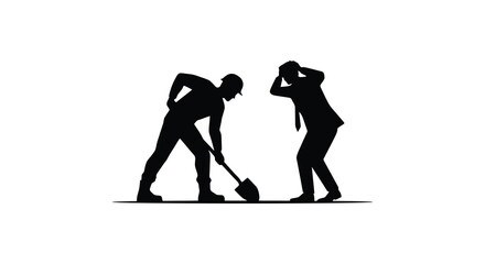 Two men in silhouette one digging with a shovel and the other in distress against a white background silhouette © Vector shop