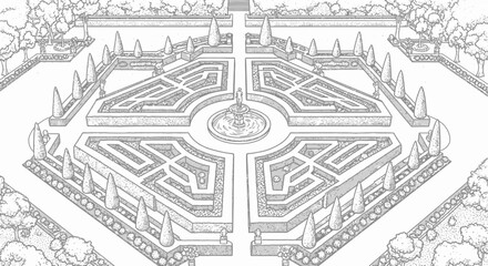 Obraz premium Aerial view of formal garden maze with central fountain landscape.