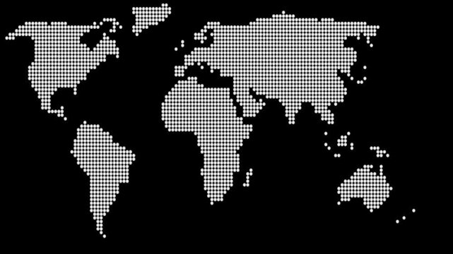 A futuristic squire shape dotted world map design illustrating all continents, ideal for infographics, clip art, and modern global themed projects. 4k