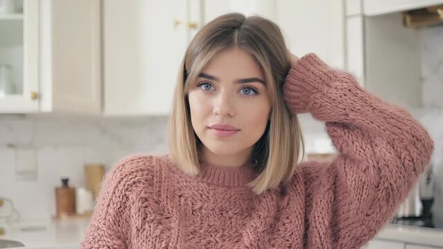 Stylish woman in cozy sweater poses thoughtfully in a bright modern kitchen, conveying warmth and approachable luxury.