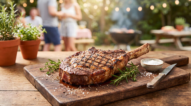 Barbecue Steak, Tomahawk Grill, Delicious and juicy T-bone or tomahawk steak on a wooden cutting board, barbecue party food Generative AI