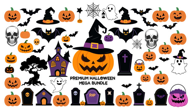 Premium Halloween Mega Bundle Vector Set with Pumpkins, Bats, Ghosts and Witch Elements