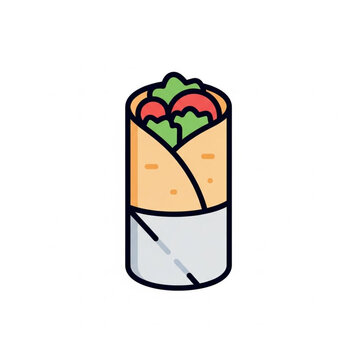 Minimalist flat design burrito wrap icon with fresh ingredients on a plain white background