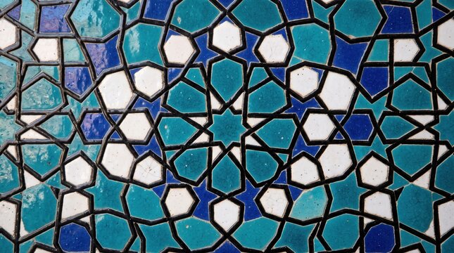 Intricate geometric pattern with blue and white mosaic tiles.