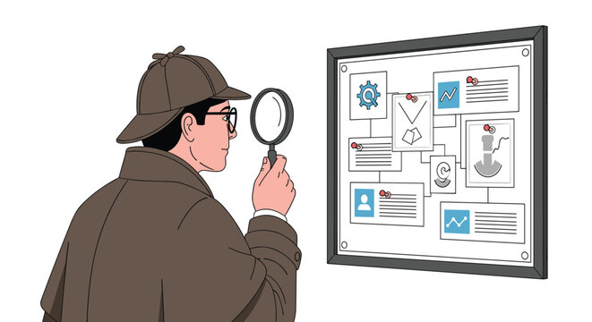Detective in a trench coat and deerstalker hat using a magnifying glass to closely examine a evidence board filled with clues and connections.