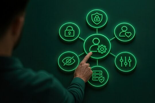 Identity management dashboard with secure access icons and human touch interface