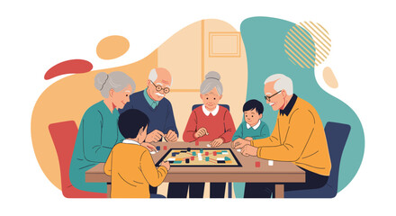 Fototapeta premium Happy intergenerational family including grandparents, parents, and children sitting around a table playing a colorful board game in their home.