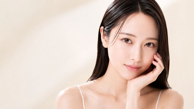 柔らかなベージュ背景を背に、片手を頬に添えてカメラを見つめるロングヘアの若い女性を写した上品なスキンケア美容ポートレート