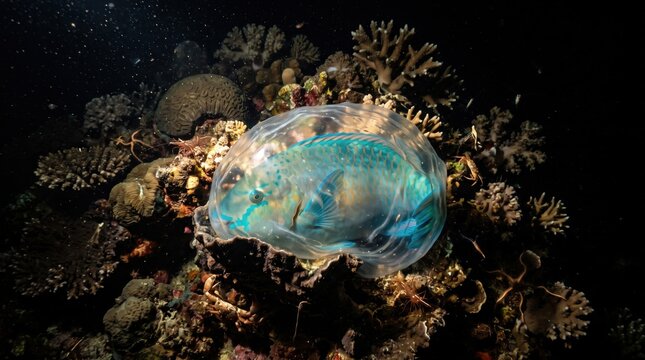 Parrotfish sleeping inside protective mucous bubble on reef.