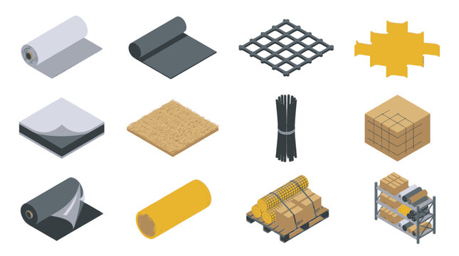 Collection of isometric construction materials and supplies for building and renovation projects.