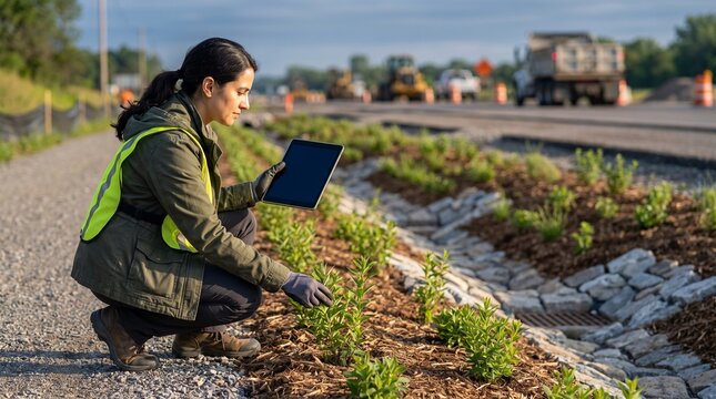 Environmental engineer inspecting roadside bioswale, green road development with right side copy space