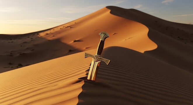 Ancient Golden Dagger Stuck in Desert Sand Dunes at Sunset