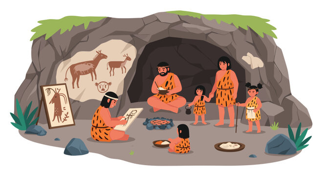 Stone age family life depicted inside a rocky cave with early humans painting animals on walls and gathering around a warm campfire.