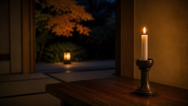 和ろうそくの灯りがともる秋の夜の和室 土壁と紅葉の庭を望む静かな情景