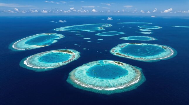 Tropical maldives atolls with turquoise lagoons and reef.
