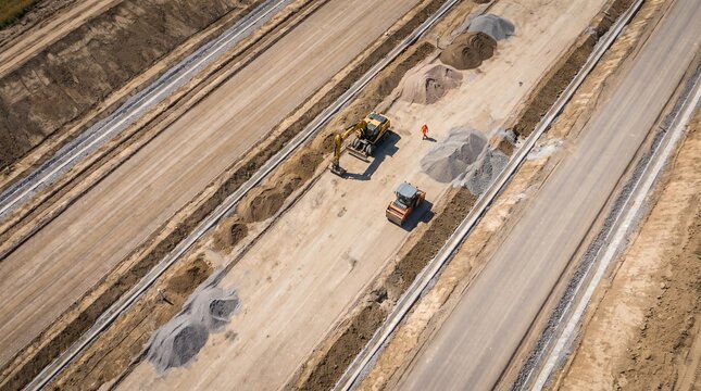 Organized highway construction site from above, graded lanes machinery and drainage in square project overview