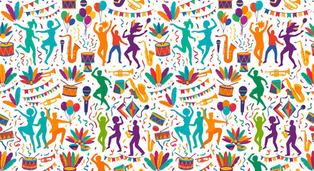 Naklejka premium Colorful Seamless Pattern of Dancing People and Festive Musical Instruments