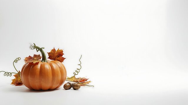 A single orange pumpkin decorated with dried autumn leaves and pinecones isolated on a clean white background with copy space for text