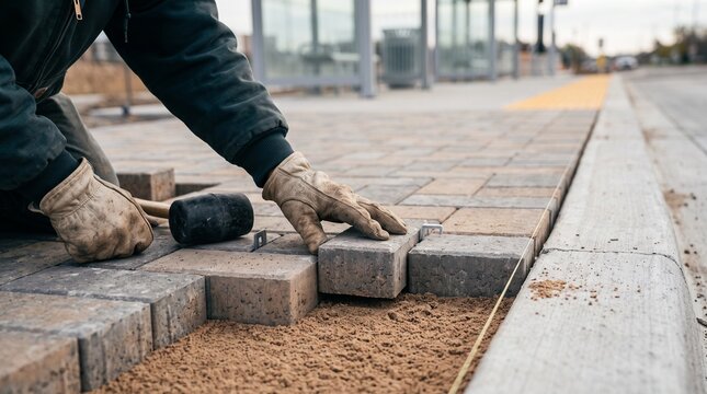 Gloved hands laying roadside bus stop pavers, close low angle construction craftsmanship and precise alignment