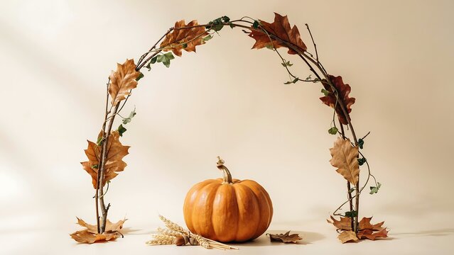 A single orange pumpkin centered beneath a decorative arch made of dried autumn oak leaves and branches on a neutral background