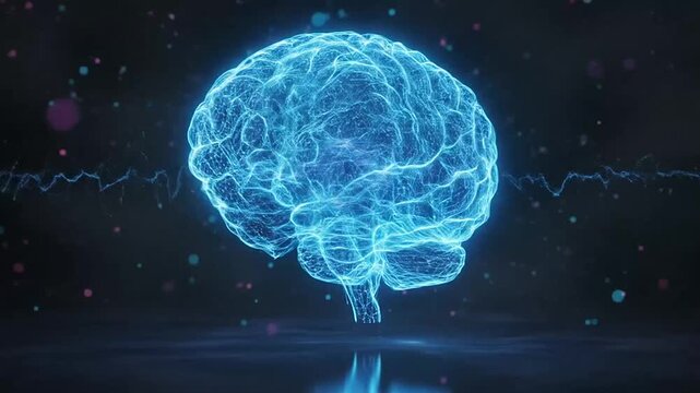 A glowing digital human brain model with abstract data waves