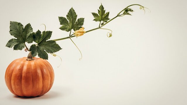 A single ripe orange pumpkin with green leaves and a vine isolated on a clean light background for autumn seasonal holiday design