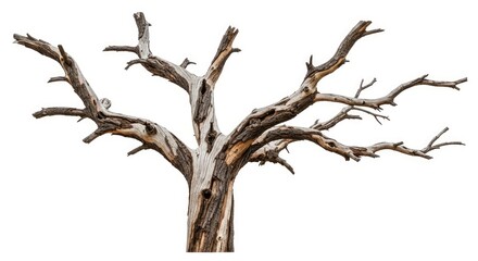 Fototapeta premium Dead gnarly tree trunk with twisted bare branches isolated on white background