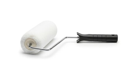 Obraz premium New paint roller with black handle isolated on white background, home renovation tool