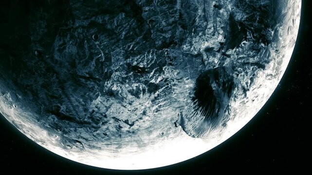 Close view of a rocky planet or moon in dark space with a bright edge and rough surface texture