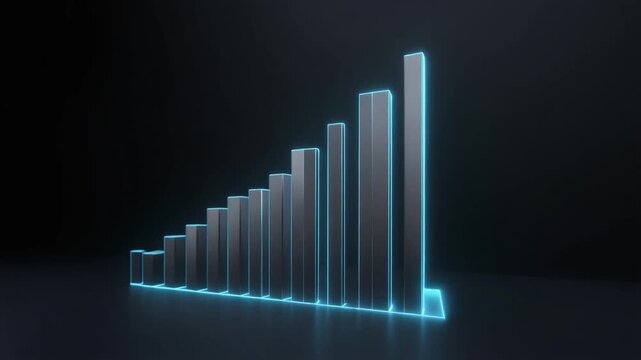 Dynamic bar graph rising with glowing blue outlines in dark background, symbolizing growth, progress, and financial success, cinematic motion