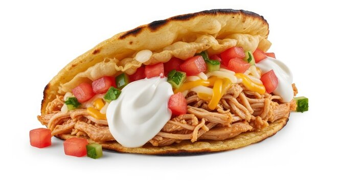 Delicious Shredded Chicken Chalupa with Sour Cream, Fresh Tomatoes, and Shredded Cheese Isolated on White Background