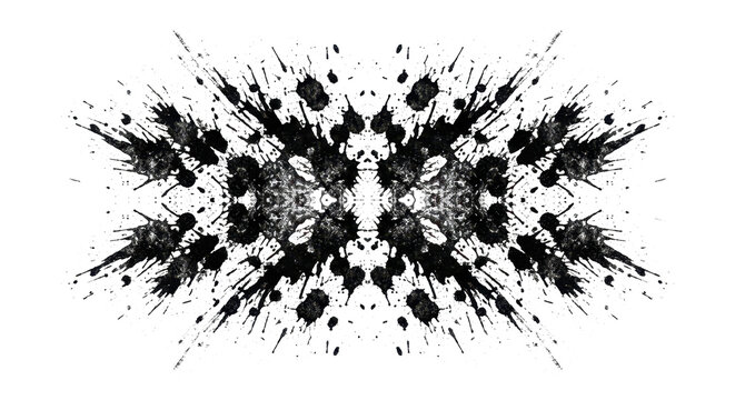 A symmetrical black ink splatter pattern creating an abstract rorschach test design on a clean white background in a minimalist style.