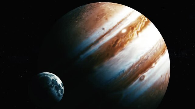 Large striped planet with a smaller moon floating in dark space